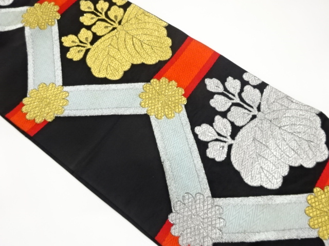 JAPANESE KIMONO / ANTIQUE FUKURO OBI / WOVEN KIKU & PAULOWNIA